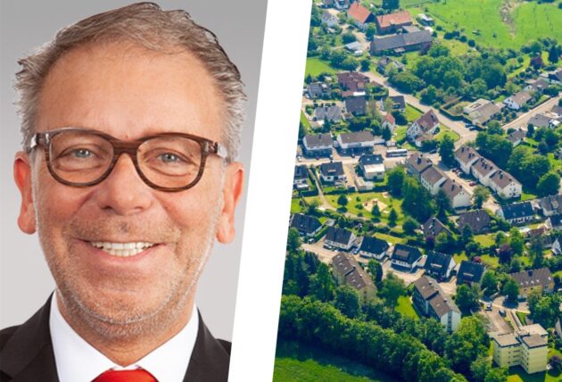 Eine Fotocollage zeigt LBS-Gebietsleiter Klaus Krahnhof und eine Wohnsiedlung Schwerte-Villigst.