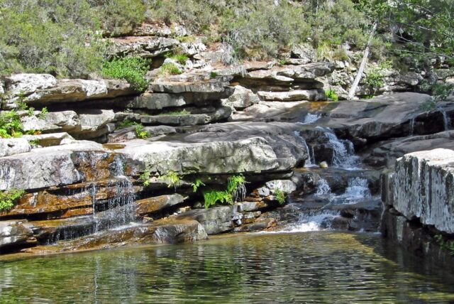 Hier rauscht der Bach – an den Cascades d’Aitone hat er sich unter hochstämmigen Kiefern ein tiefes Becken in den Felsen gegraben.