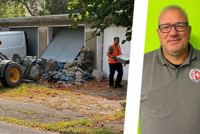 Montage aus Müll-Räumaktion des Entsorgungsbetrieb Bergkamen und dessen Betriebsleiter Stephan Polplatz