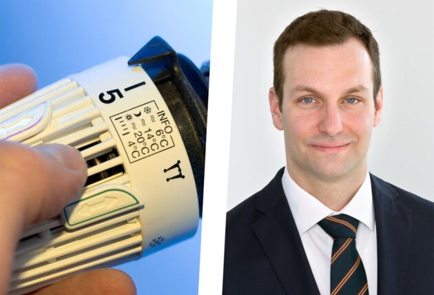 Foto-Collage: links eine Hand, die eine Heizung hochdreht, rechts ein Portraitfoto von Sebastian Kirchmann (Geschäftsführer Stadtwerke Schwerte).