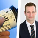 Foto-Collage: links eine Hand, die eine Heizung hochdreht, rechts ein Portraitfoto von Sebastian Kirchmann (Geschäftsführer Stadtwerke Schwerte).