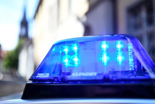 Ein Auto mit Blaulicht für die Polizei steht im Landschaftspark.