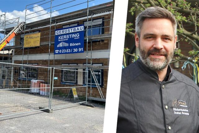 Montage aus Stefan Braune und Bauarbeiten für die Rettungswache, die der Bäckereiunternehmer baut.