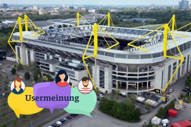 Luftbild des BVB-Stadions und Usermeinung-Grafik