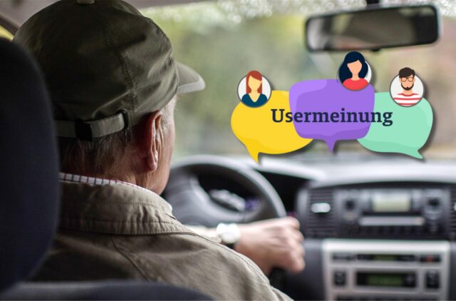 Ein älterer Mann sitzt am Steuer eines Autos.