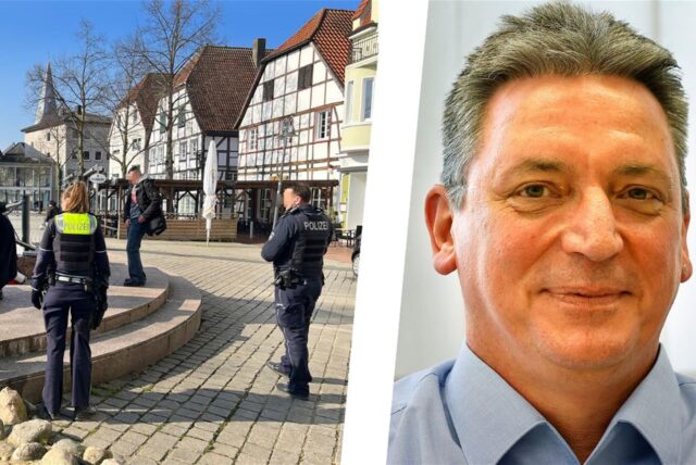 Montage aus Polizeieinsatz am Marktbrunnen in Kamen und dem Leiter der Polizeiwache Stefan Achnitz.