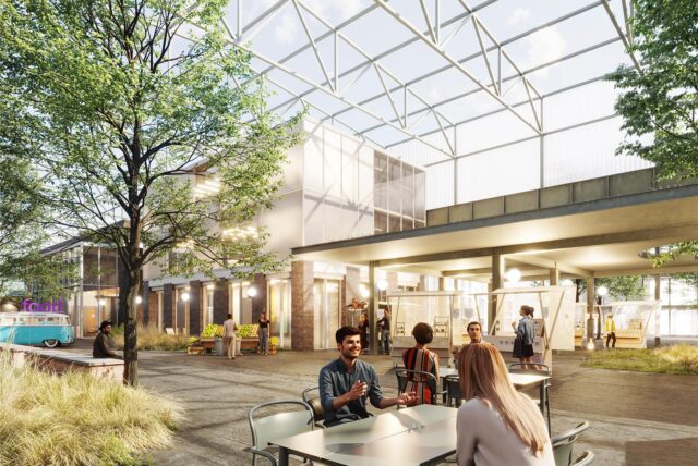 Eine Grafik zeigt: So könnte die neue Hafenwelt an der nördlichen Speicherstraße aussehen. Unter dem Dach einer alten Stahlhalle sollen Büros und Gastronomie entstehen.