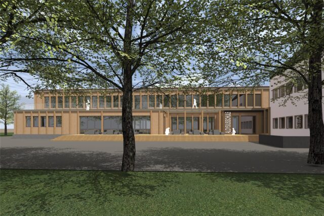 Ein Renderings des OGS-Neubau an der Aloysiusschule: zweigeschossig und teilweise im Altbau integriert.