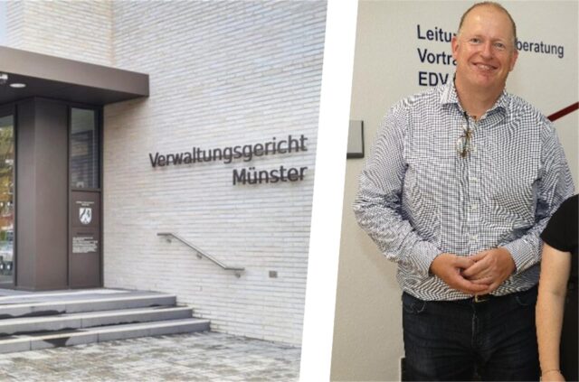 Eine Montage zeigt das Verwaltungsgericht Münster von außen und Bönens Bürgermeister Stephan Rotering.
