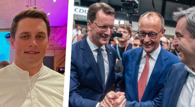 Der Fraktionsvorsitzende der CDU Ascheberg, Maximilian Sandhowe, in einer Kollage mit Hendrik Wüst, Friedrich Merz und Markus Söder, die einander die Hände schütteln.