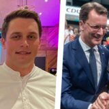 Der Fraktionsvorsitzende der CDU Ascheberg, Maximilian Sandhowe, in einer Kollage mit Hendrik Wüst, Friedrich Merz und Markus Söder, die einander die Hände schütteln.