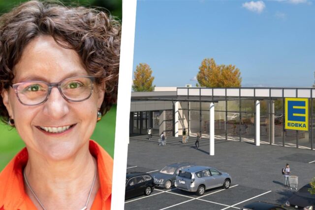 Die Bildmontage zeigt die Grünen-Fraktionssprecherin Claudia Keuchel und den Entwurf eines früheren Investors für eine Supermarktansiedlung an der Massener Bahnhofstraße.