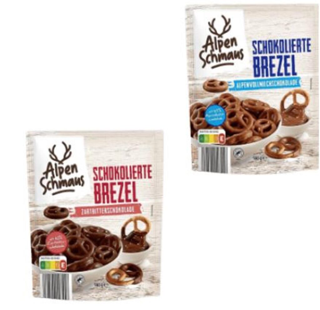 Zwei Verpackungen der Schoko-Brezeln von Aldi, für die es eine Rückrufaktion gibt. Zwei Verpackungen der Schoko-Brezeln von Aldi, für die es eine Rückrufaktion gibt.