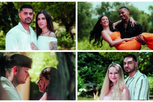 Diese Promi-Paare sind die Kandidaten der fünften Staffel Temptation Island VIP 2024. V.l.o.: Adrian, Rebecca, Jessica und Germain V.l.u.: Akka, Lisa-Marie, Sarah-Jane und Tinush