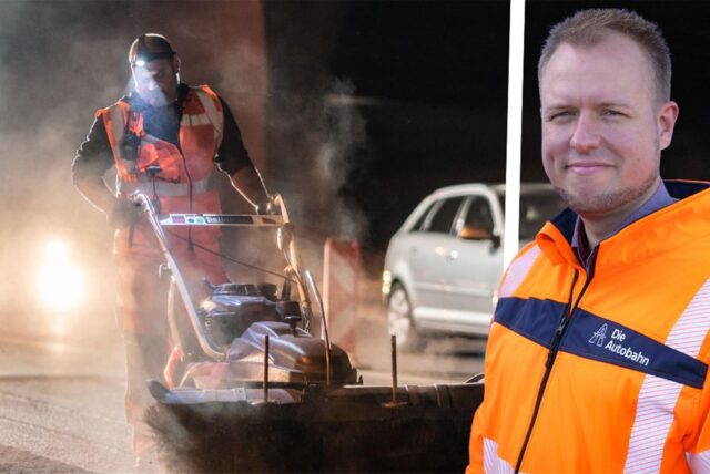 Die Bildmontage zeigt links einen Bauarbeiter auf einer Autobahn und rechts Anton Kurenbach, Sprecher der Autobahn Westfalen.