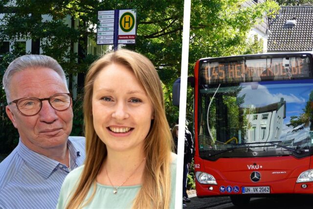 Die Bildmontage zeigt die Hemmerder Ratsvertreter Klaus Tibbe (SPD) und Ronja Kossack (Bündnis 90/Die Grünen) sowie einen VKU-Bus der Linie C45, der in Hemmerde hält