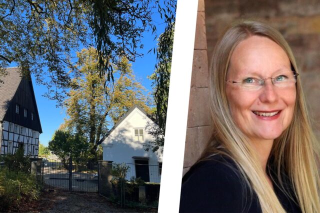 Eine Collage zeigt links im Bild den Emscherquellhof in Holzwickede und rechts daneben die Autorin Karen Kliewe.