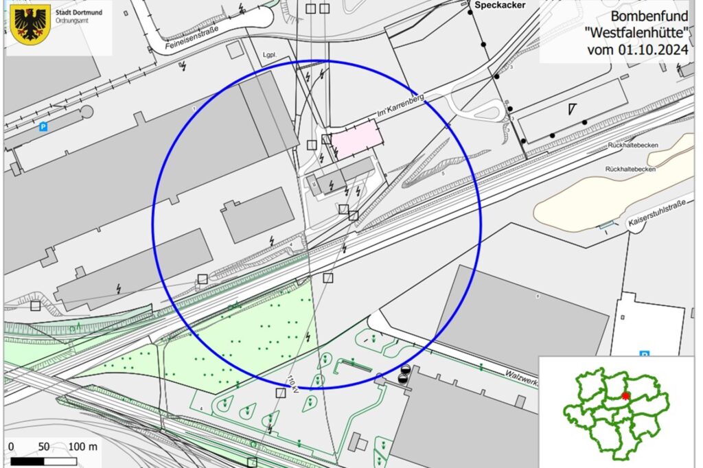 Der Evakuierungsradius in Dortmund-Kirchderne. Der Evakuierungsradius in Dortmund-Kirchderne.