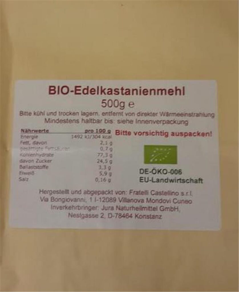 Umverpackung des Kastanienmehls, das zurückgerufen wird. Umverpackung des Kastanienmehls, das zurückgerufen wird.