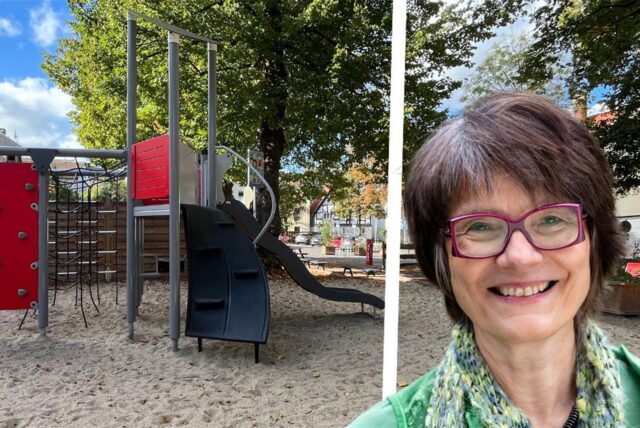 Die Bildmontage zeigt links ein Spielgerät auf dem Parkplatz an der Schulstraße in Unna und rechts Unna-Mitte-Ortsvorsteherin Ines Nieders-Mollik. Der Parkplatz soll umgestaltet und neu benannt werden.