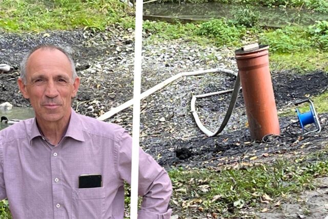 Die Bildmontage zeigt Thomas Matter (Stadtbetriebe) und eine Pumpen-Apparatur am Teich im Bornekamp.