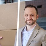 Der Unnaer Anwalt Tim Hendrik Walter, auch bekannt als „Herr Anwalt“, in einer Bildmontage vor einem DHL-Mitarbeiter zu sehen, der zwei Pakete trägt.
