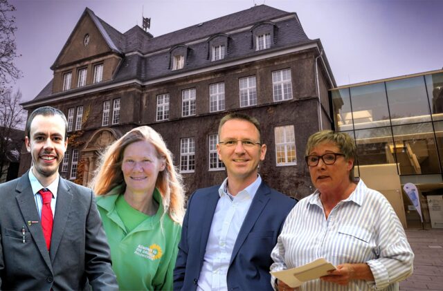 Eine Bildmontage zeigt Justus Scherding (PARTEI), Ulrike Dürholt (Grüne), Lars Berger (FDP) und Barbara Schriek (BBL) vor dem Holzwickeder Rathaus.