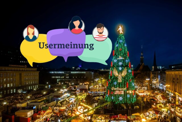 Montage mit dem großen Weihnachtsbaum in Dortmund.