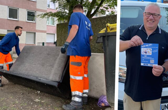 Montage: Rechts hält Leiter Stefan Polplatz ein Flyer von Sperrmüll-Online in die Kamera. Links sind Stadtmitarbeiter Pierre Leidag (links) und Ismail Cekicoglu bei der Entsorgung von Sperrmüll zu sehen.