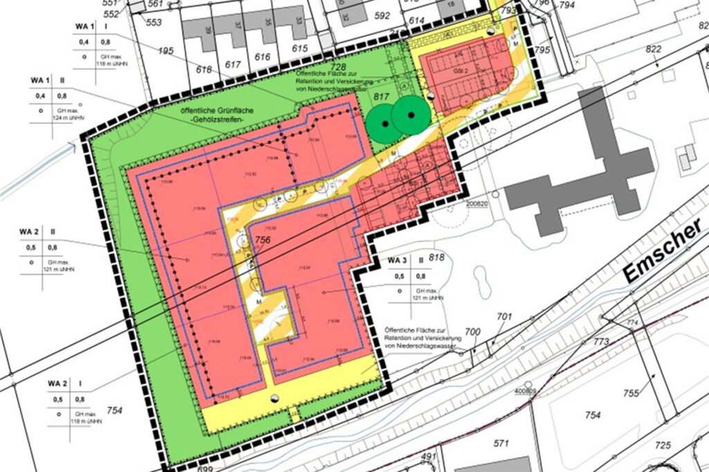 Der Bereich, der einmal mit kleinen Häusern bebaut werden soll. Rechts im Bild die Emschertal-Grundschule in Dortmund-Sölde.