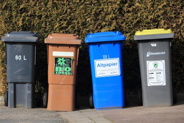 Verschiedene Mülltonnen stehen vor einer Hecke