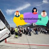 Personen auf dem Rollfeld des Dortmund Flughafen mit Logo Usermeinung.