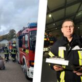 Montage aus dem Feuerwehreinsatz am Monkey Island und Bergkamens Feuerwehrchef Dirk Kemke.