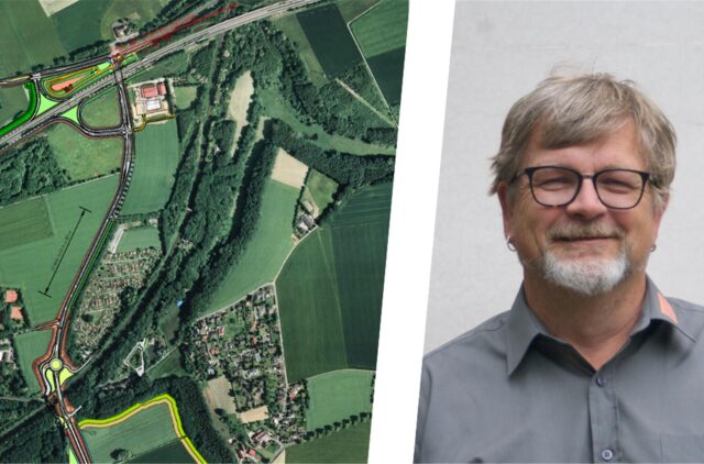 Die Bildmontage zeigt einen Plan der Umgehungsstraße L677n und den Bürgerblock-Fraktionsvorsitzenden Michael Laux.