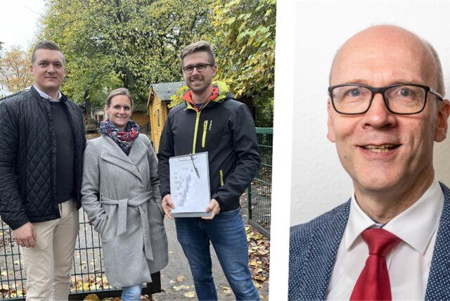 Die Bildmontage zeigt Eltern des Familienzentrums Löwenzahn, die eine Unterschriftenliste präsentieren, neben dem Superintendenten des Evangelischen Kirchenkreises Unna.