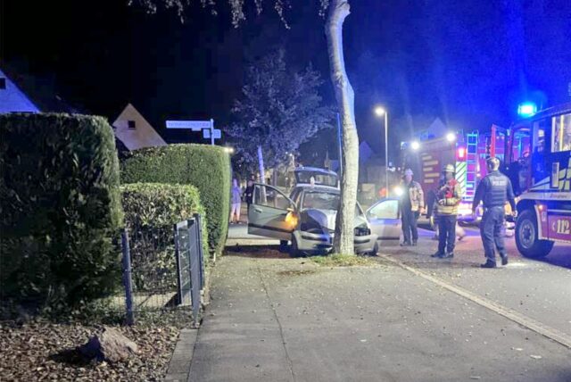 Ein silberfarbener Pkw steht mit zerbeulter Motorhaube vor einem Baum. Zwei Feuerautos stehen auf der Straße daneben.