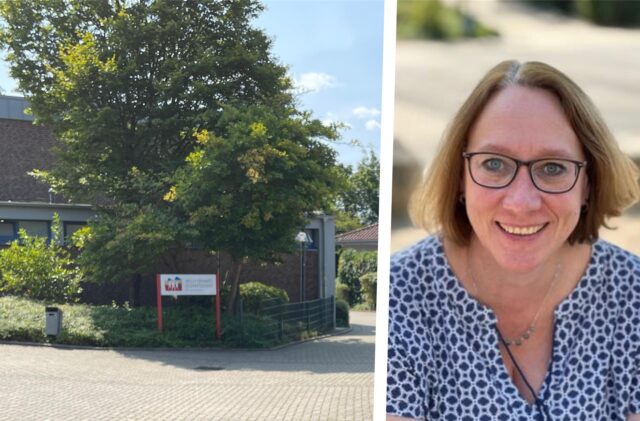 Montage: links, der Haupteingang der Willy-Brandt-Schule in Bergkamen, rechts ein Porträt von Dr- Jennifer Lach (Schuldirektorin).