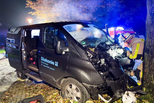 Ein zerstörter Kleinbus steht mit deformierter Front vor einem Baum. Ein Feuerwehrmann betrachtet den Schaden.