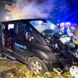 Ein zerstörter Kleinbus steht mit deformierter Front vor einem Baum. Ein Feuerwehrmann betrachtet den Schaden.
