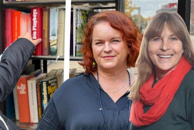 Die Montage zeigt einen Bücherschrank sowie die Unnaer Politikerinnen Simone Hackenberg und Petra Weber.
