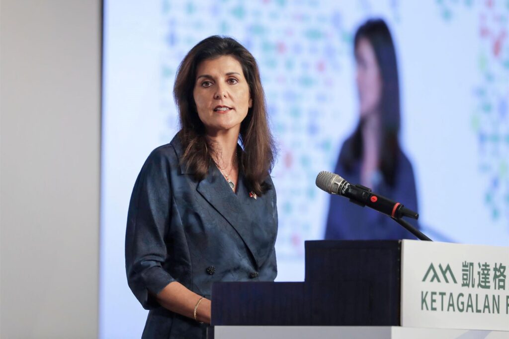 Nikki Haley, ehemalige Botschafterin der Vereinigten Staaten bei den Vereinten Nationen, hält eine Rede während des Ketagalan Forums.