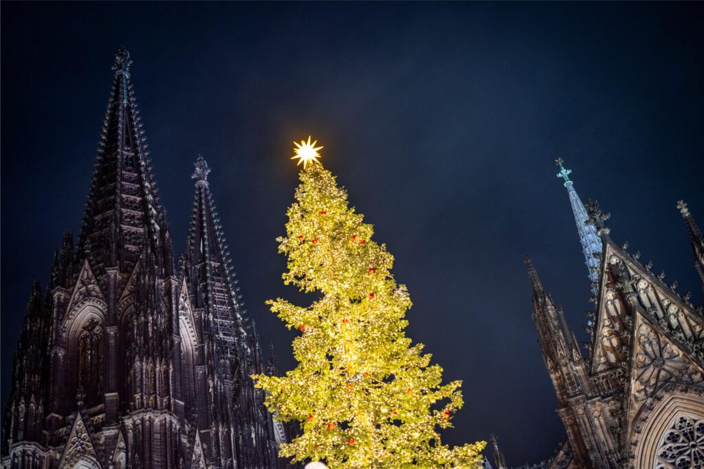Ein Weihnachtsbaum erstrahlt auf dem Weihnachtsmarkt am Kölner Dom. Ein Weihnachtsbaum erstrahlt auf dem Weihnachtsmarkt am Kölner Dom.