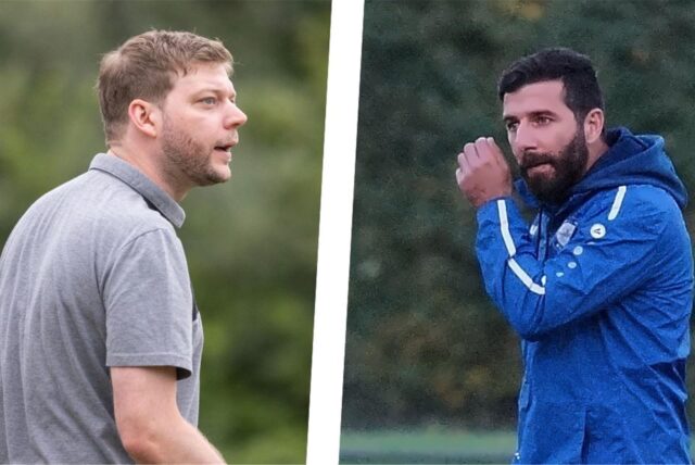 Kevin Schulzki und Mehmet Kara stehen am Spielfeldrand.