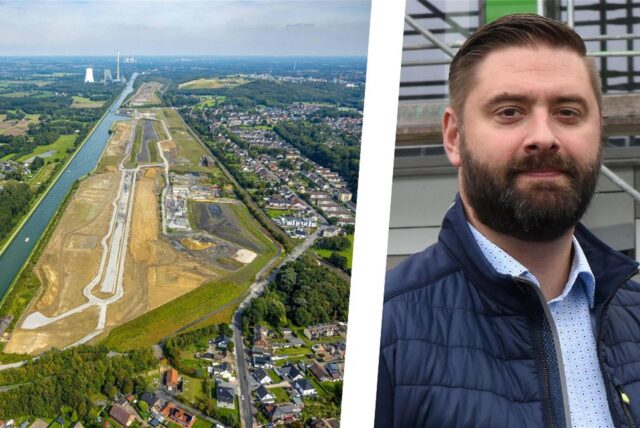 Links ein Luftbild der Wasserstadt Aden, rechts Jens Toschläger, Technischer Beigeordneter der Stadt Bergkamen.