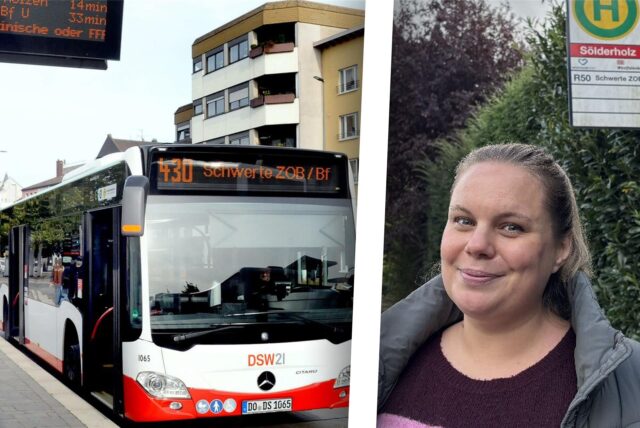 Dominique Bischoff aus Sölderholz ist rechts zu sehen. Links ein Bus am Busbahnhof Schwerte.