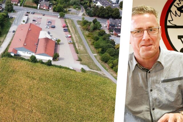 Montage aus Luftbild eines Feldes hinter einem Gebäude mit rotem Dach und Ralf Klute von der Feuerwehr Oberaden.