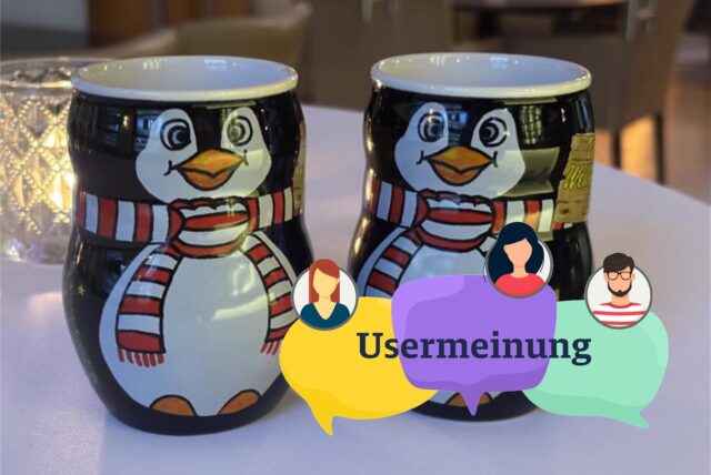 Zwei Pinguin-Tassen vom Weihnachtsmarkt Dortmund 2024.