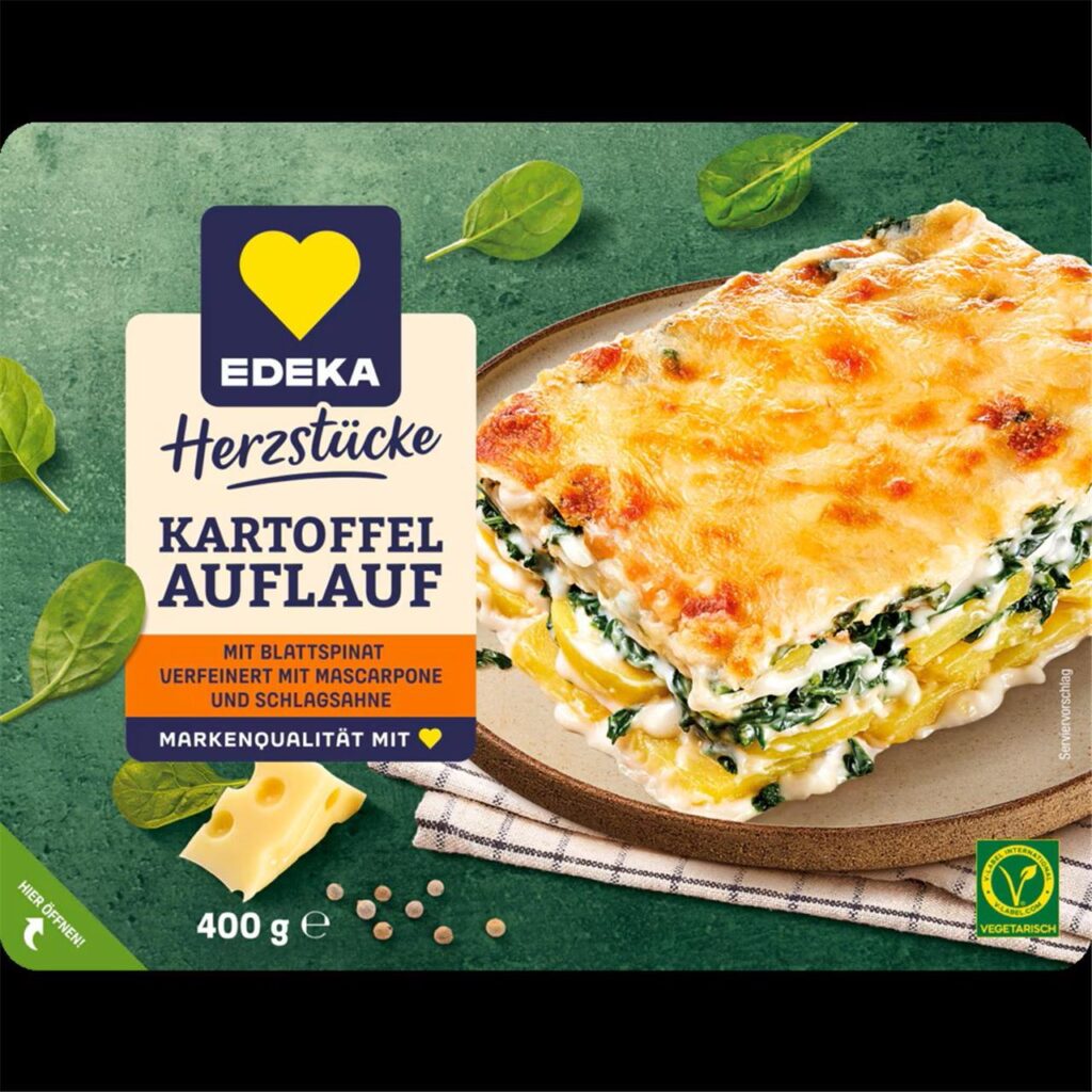 Eine Verpackung des Kartoffelauflaufs der Marke Edeka Herzstücke, der von einer Rückrufaktion betroffen ist.