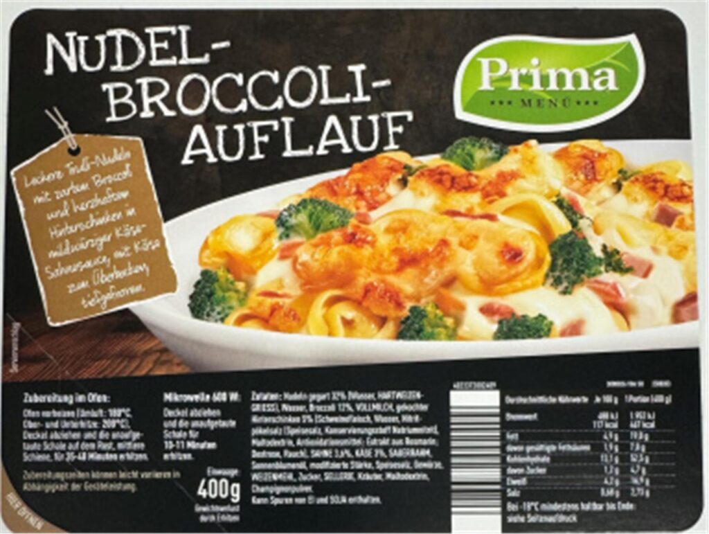 Eine Verpackung des Broccoli-Nudel-Auflaufs der Marke Prima Menü, der von einer Rückrufaktion betroffen ist.