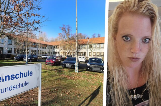 Montage: Links eine Situation vor der Schule, rechts Michèle Eggermann, die sich über die Situation vor Ort ärgert.